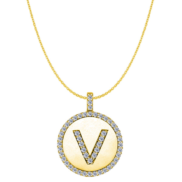 "V" Diamond Initial 14K Yellow Gold Disk Pendant (0.50ct) - JewelryAffairs
 - 1