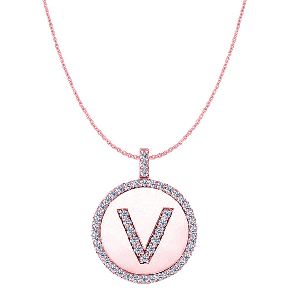 "V" Diamond Initial 14K Rose Gold Disk Pendant (0.50ct) - JewelryAffairs
 - 1