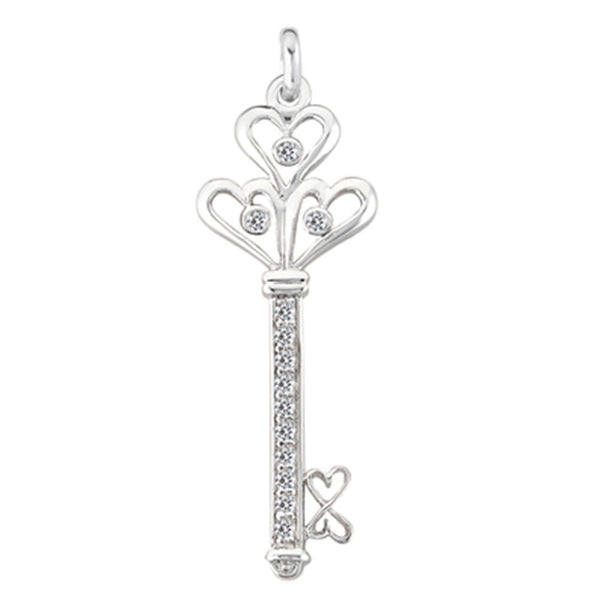14K  White Gold Diamond Vintage Key Pendant (0.12ctw - FG Color - SI2 Clarity) - JewelryAffairs
