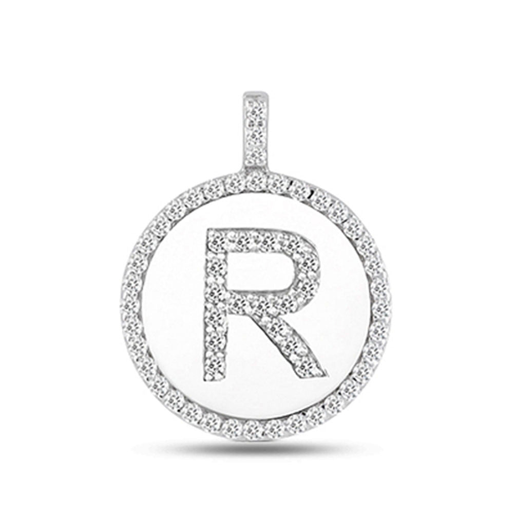 "R" Diamond Initial 14K White Gold Disk Pendant (0.57ct) fine designer jewelry for men and women