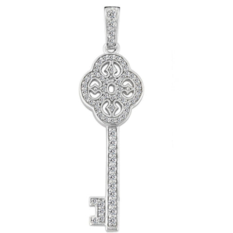 14K  White Gold Diamond Vintage Key Pendant (0.46ctw - FG Color - SI2 Clarity) - JewelryAffairs
