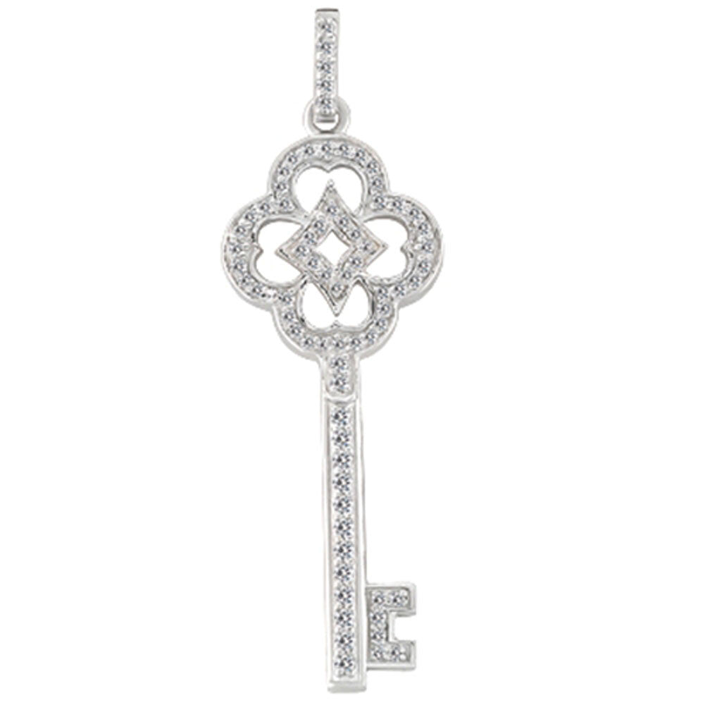 14K  White Gold Diamond Vintage Key Pendant (0.43ctw - FG Color - SI2 Clarity) - JewelryAffairs
