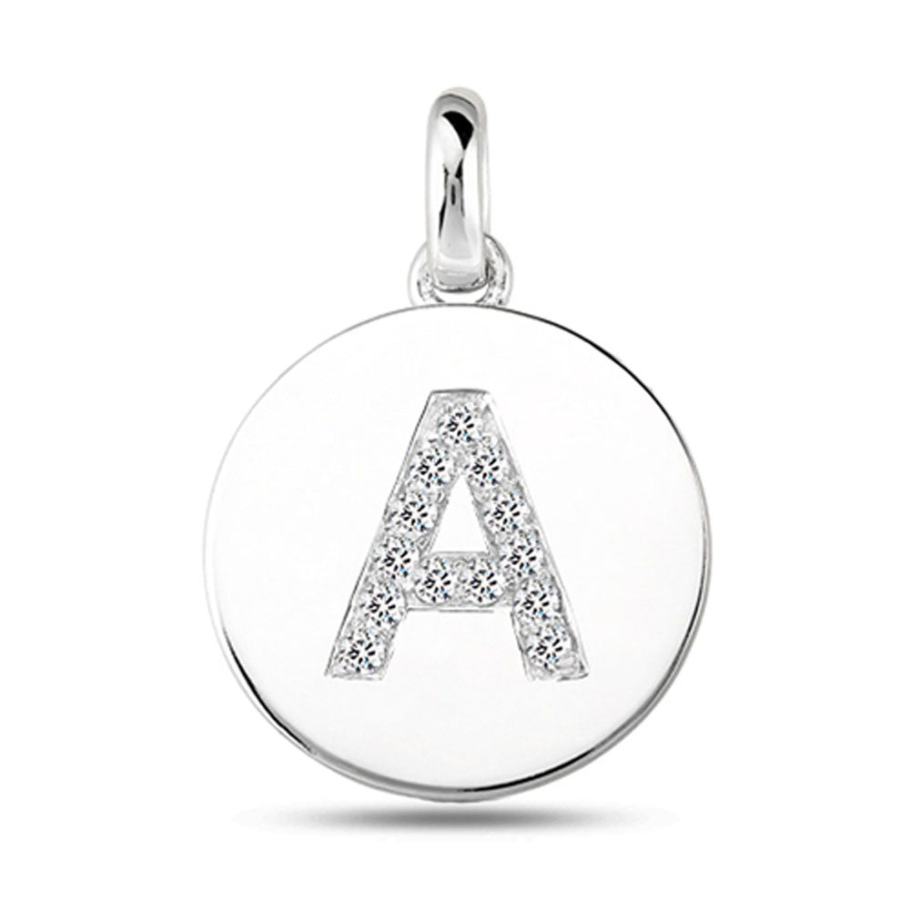 Pendentif disque en or blanc 14 carats avec initiale en diamant « A » (0,13 ct), bijoux de créateur raffinés pour hommes et femmes