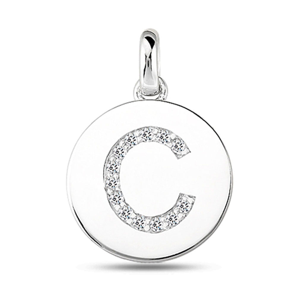 Pendentif disque en or blanc 14 carats avec initiale en diamant « C » (0,13 ct), bijoux de créateur raffinés pour hommes et femmes