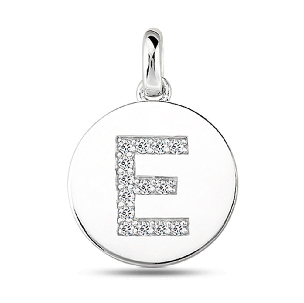 Pendentif disque en or blanc 14 carats avec initiale en diamant « E » (0,14 ct), bijoux de créateur raffinés pour hommes et femmes