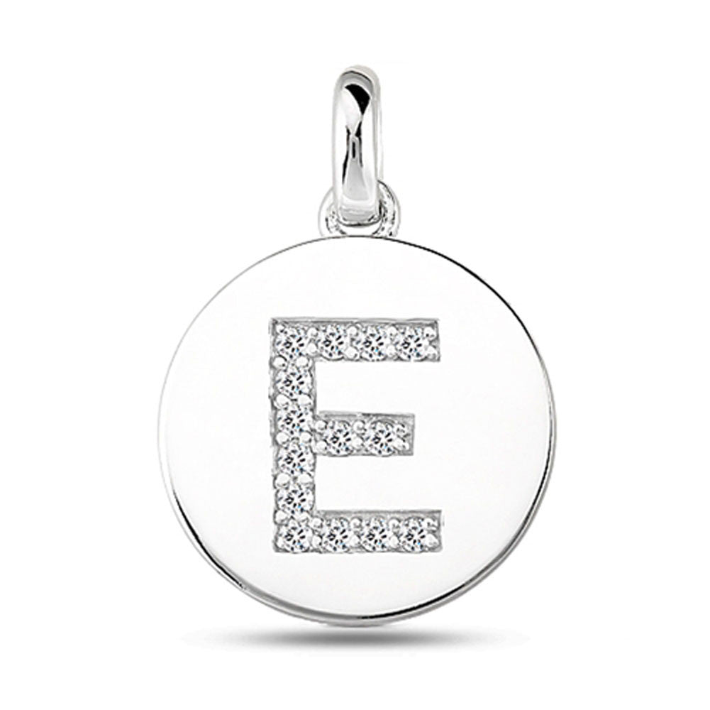 "E" Diamond Initial 14K hvitt gull Disk anheng (0,14ct) fine designersmykker for menn og kvinner