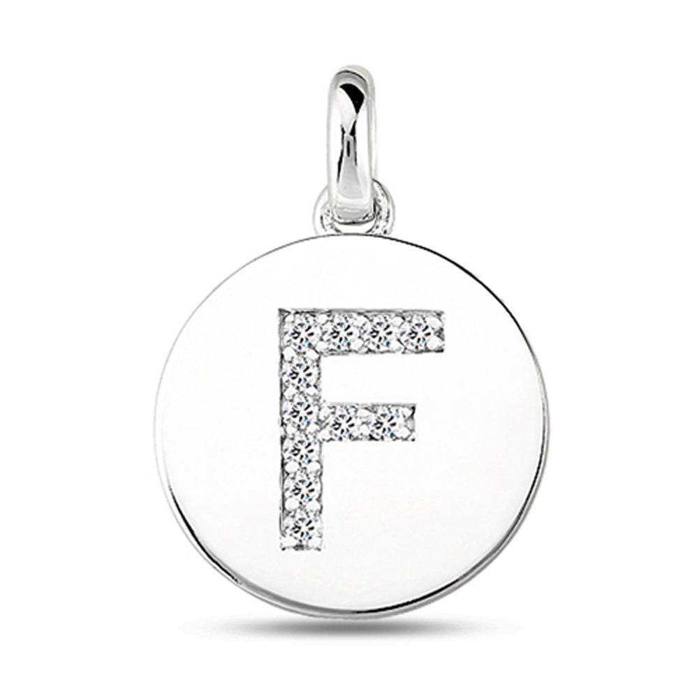 "F" Diamond Initial 14K White Gold Disk Pendant (0.11ct) fine designer jewelry for men and women