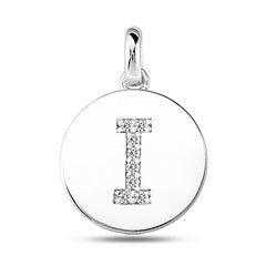 Pendentif disque en or blanc 14 carats avec initiale en diamant « I » (0,08 ct), bijoux de créateurs fins pour hommes et femmes