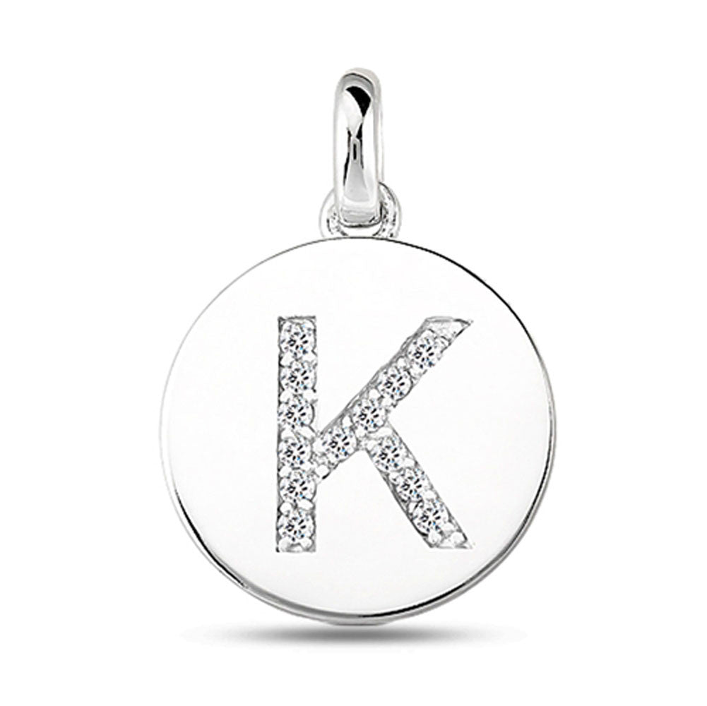 "K" Diamond Initial 14K White Gold Disk Pendant (0.13ct) fine designer jewelry for men and women