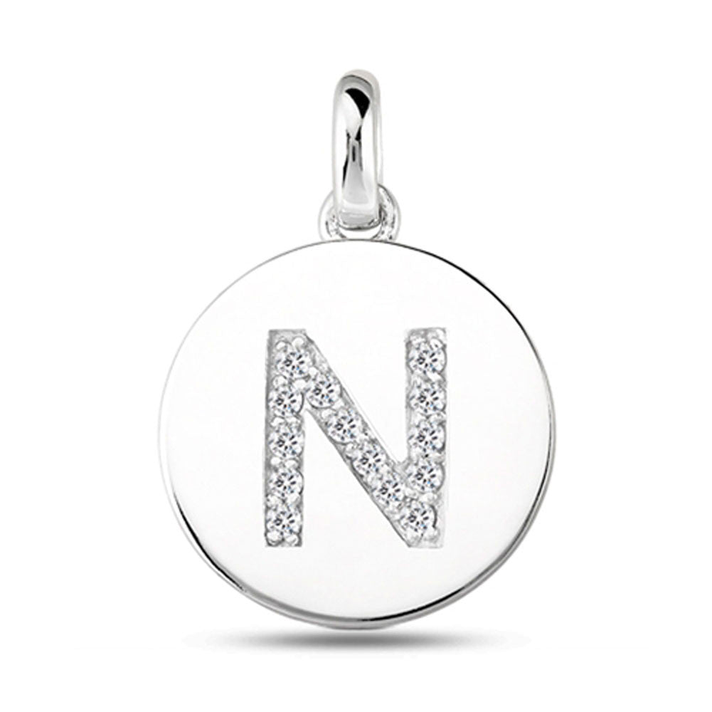 "N" Diamond Initial 14K hvitt gull Disk anheng (0,14ct) fine designersmykker for menn og kvinner