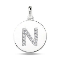 Colgante de disco de oro blanco de 14 quilates con inicial de diamante "N" (0,14 quilates), joyería fina de diseño para hombres y mujeres