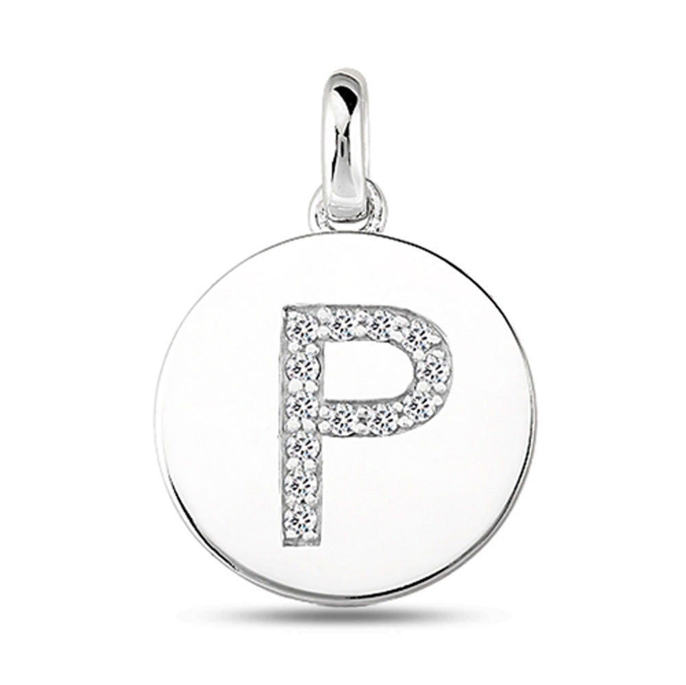 "P" Diamond Initial 14K White Gold Disk Pendant (0.13ct) fine designer jewelry for men and women