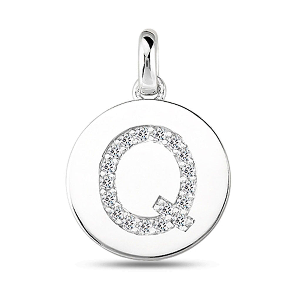 "Q" Diamond Initial 14K White Gold Disk Pendant (0.18ct) fine designer jewelry for men and women