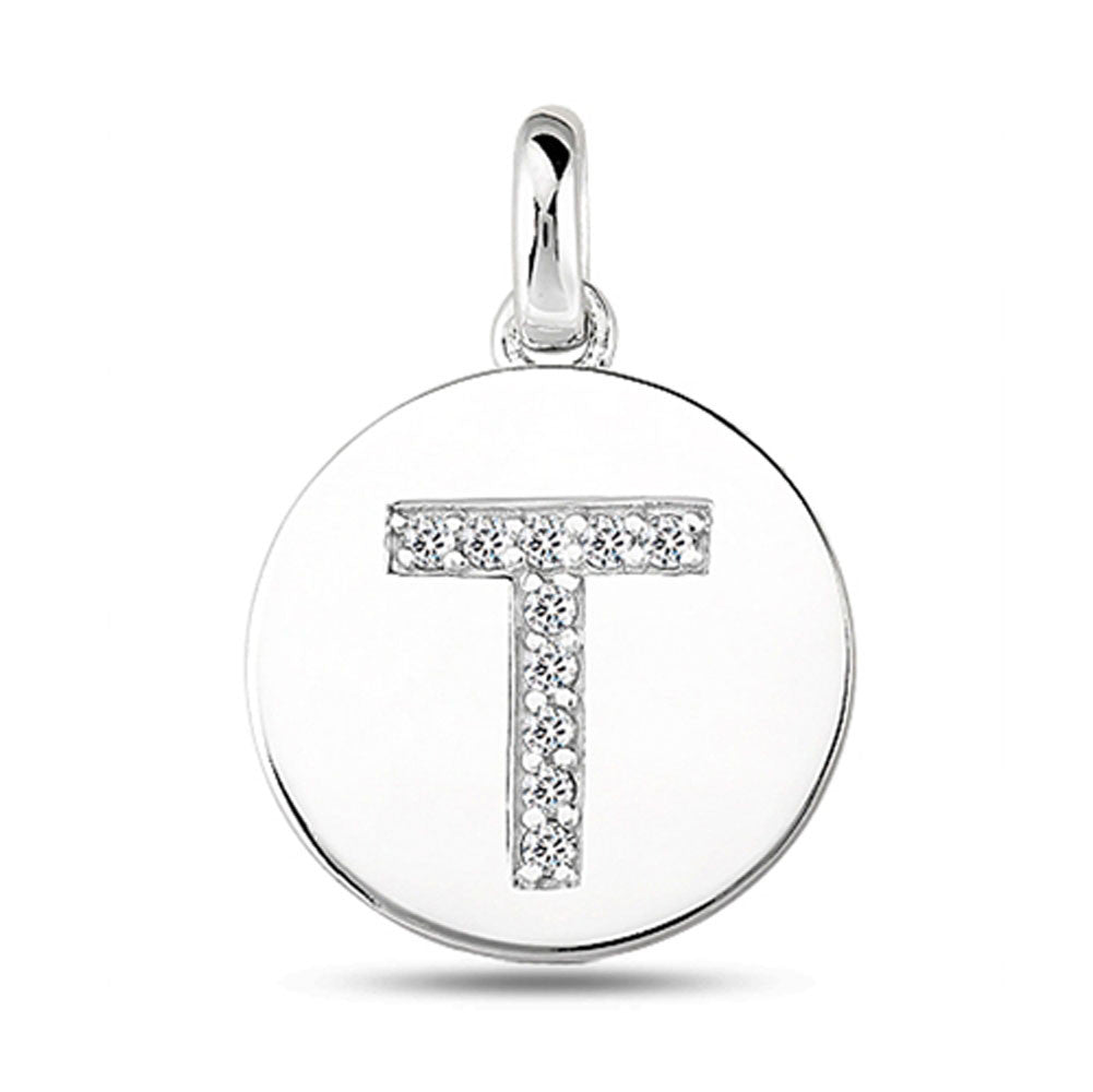 Colgante de disco de oro blanco de 14 quilates con inicial de diamante "T" (0,10 quilates), joyería fina de diseño para hombres y mujeres