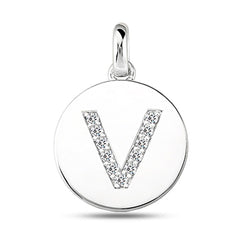 "V" Diamond Initial 14K White Gold Disk Pendant (0.11ct) fine designer jewelry for men and women