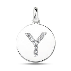 "Y" Diamond Initial 14K White Gold Disk Pendant (0.09ct) fine designer jewelry for men and women