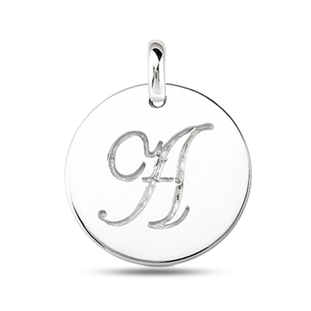 "A" 14K White Gold Script Engraved Initial Disk Pendant - JewelryAffairs
 - 2