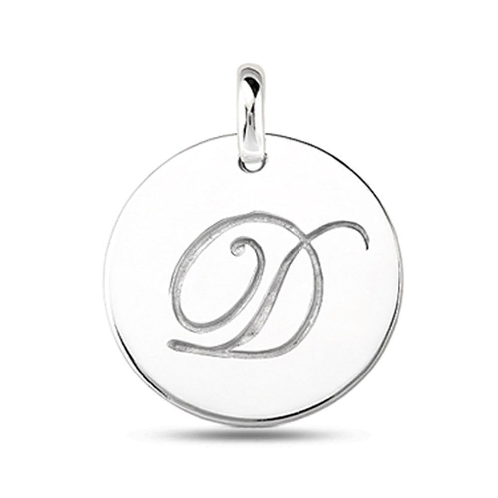 "D" 14K White Gold Script Engraved Initial Disk Pendant fine designer jewelry for men and women