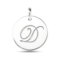 "D" Colgante de disco con inicial grabada en oro blanco de 14 quilates, joyería fina de diseño para hombres y mujeres