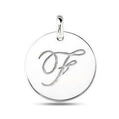 "F" 14K White Gold Script Engraved Initial  Disk Pendant - JewelryAffairs
 - 2