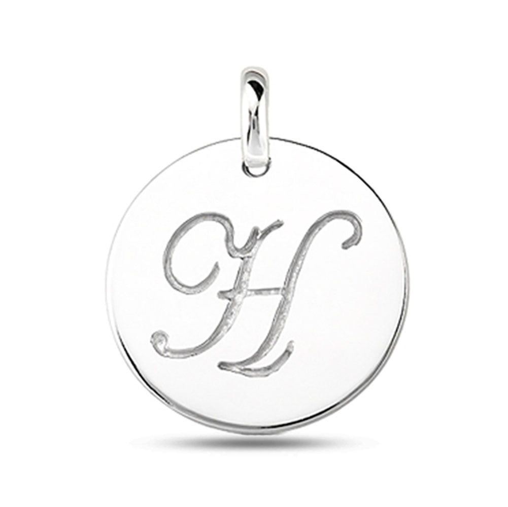 "H" 14K White Gold Script Engraved Initial  Disk Pendant - JewelryAffairs
 - 2
