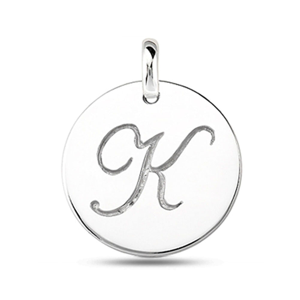 "K" 14K White Gold Script Engraved Initial  Disk Pendant - JewelryAffairs
 - 2