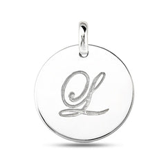 "L" 14K White Gold Script Engraved Initial Disk Pendant fine designer jewelry for men and women