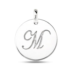"M" 14K White Gold Script Engraved Initial Disk Pendant fine designer jewelry for men and women