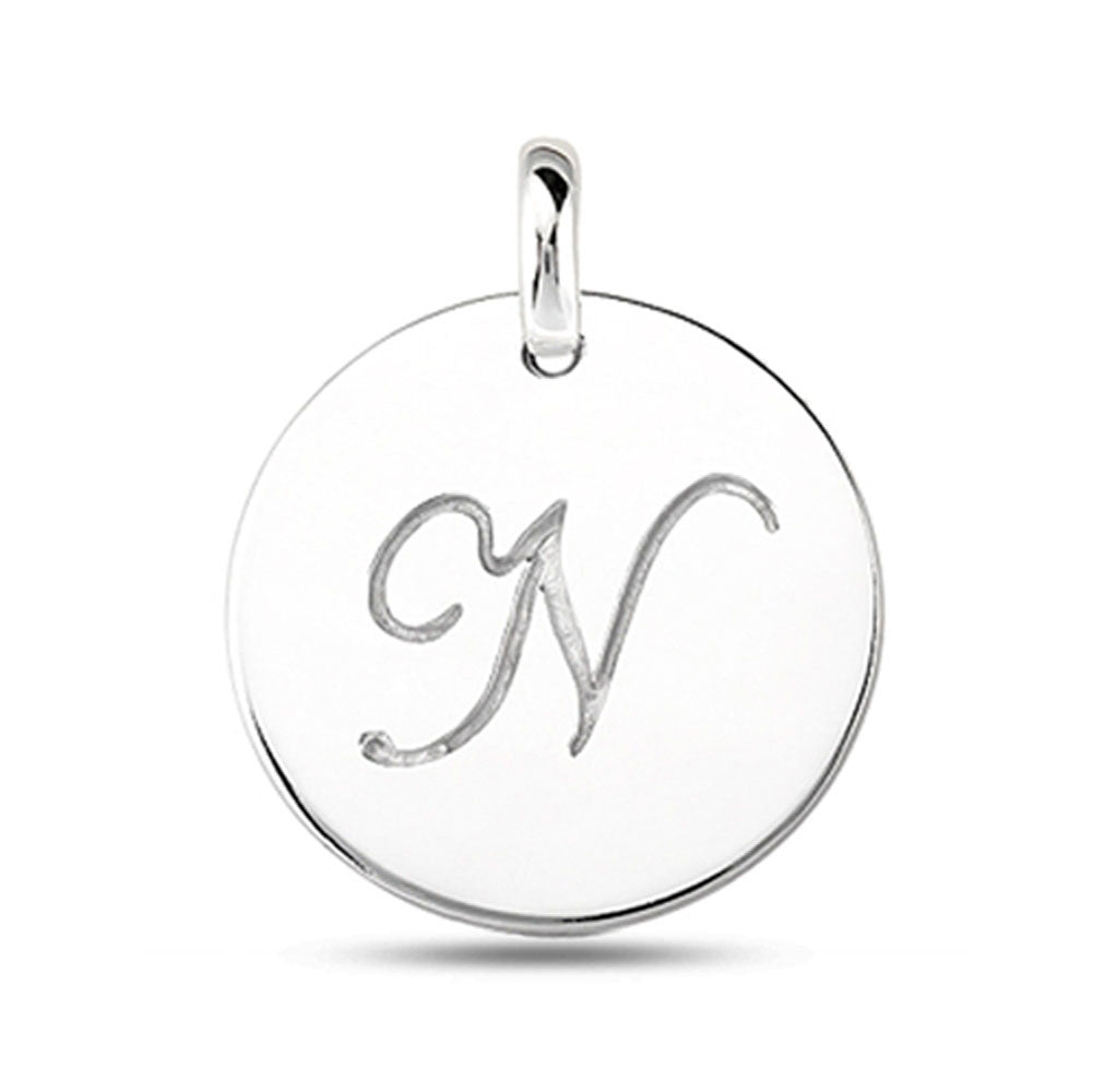 "N" 14K White Gold Script Engraved Initial Disk Pendant fine designer jewelry for men and women