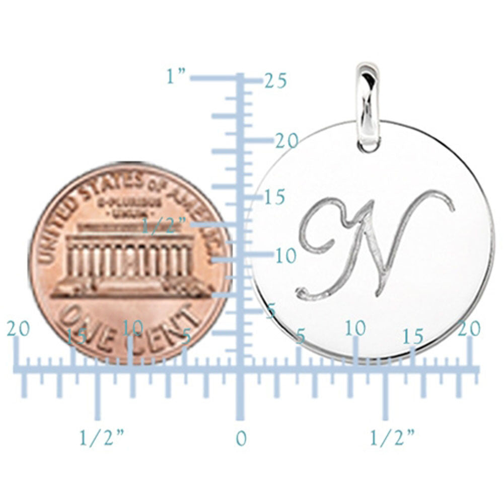 "N" 14K White Gold Script Engraved Initial Disk Pendant fine designer jewelry for men and women