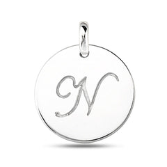 "N" 14K White Gold Script Engraved Initial Disk Pendant fine designer jewelry for men and women