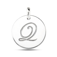 "Q" 14K White Gold Script Engraved Initial Disk Pendant fine designer jewelry for men and women