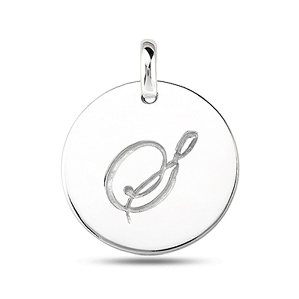 "S" 14K White Gold Script Engraved Initial  Disk Pendant - JewelryAffairs
 - 2