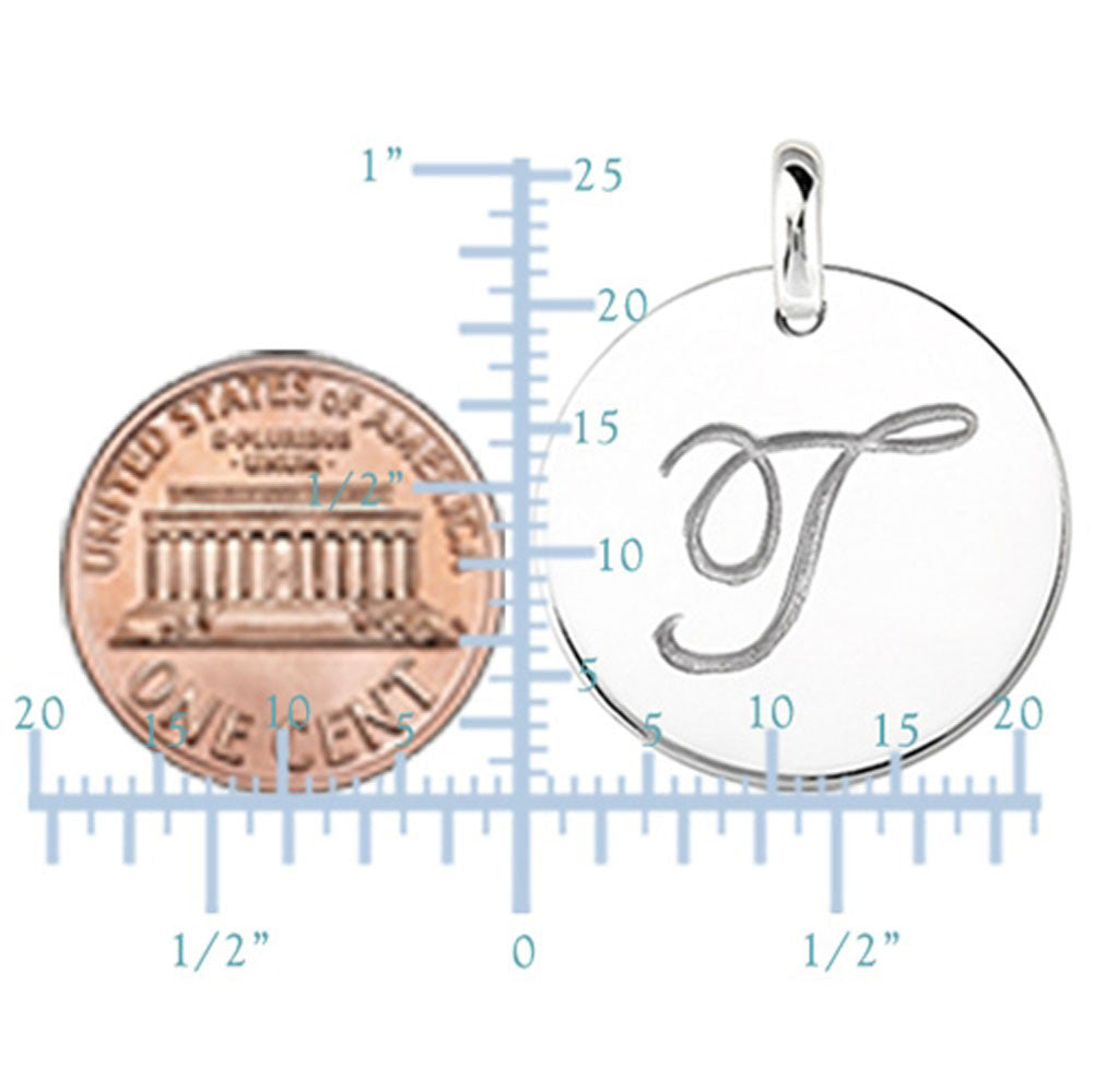 "T" 14K White Gold Script Engraved Initial Disk Pendant fine designer jewelry for men and women