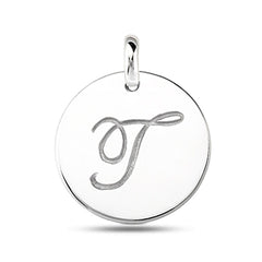 "T" 14K White Gold Script Engraved Initial  Disk Pendant - JewelryAffairs
 - 2