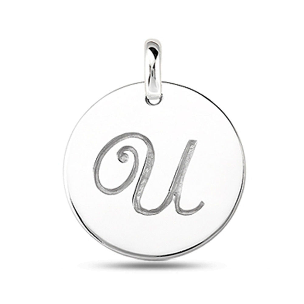"U" 14K White Gold Script Engraved Initial Disk Pendant fine designer jewelry for men and women