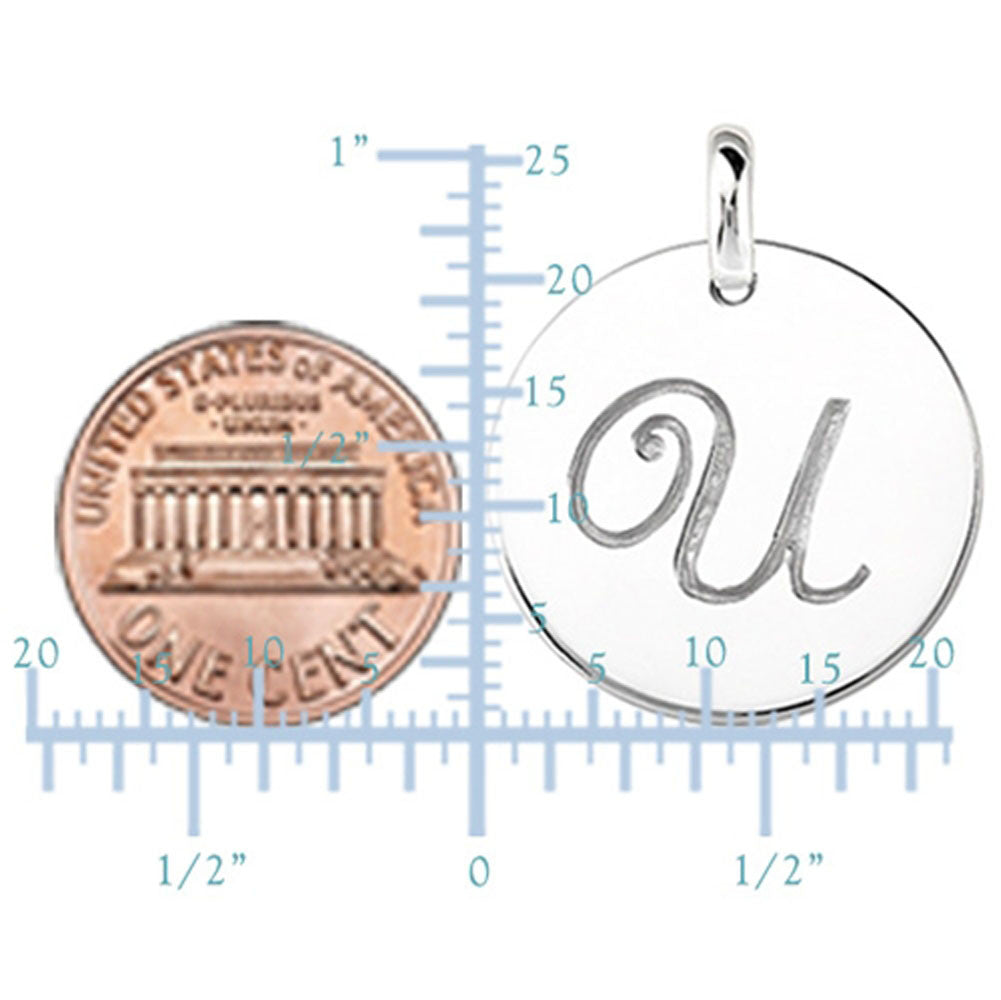 "U" 14K White Gold Script Engraved Initial Disk Pendant fine designer jewelry for men and women