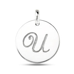 "U" 14K White Gold Script Engraved Initial Disk Pendant fine designer jewelry for men and women