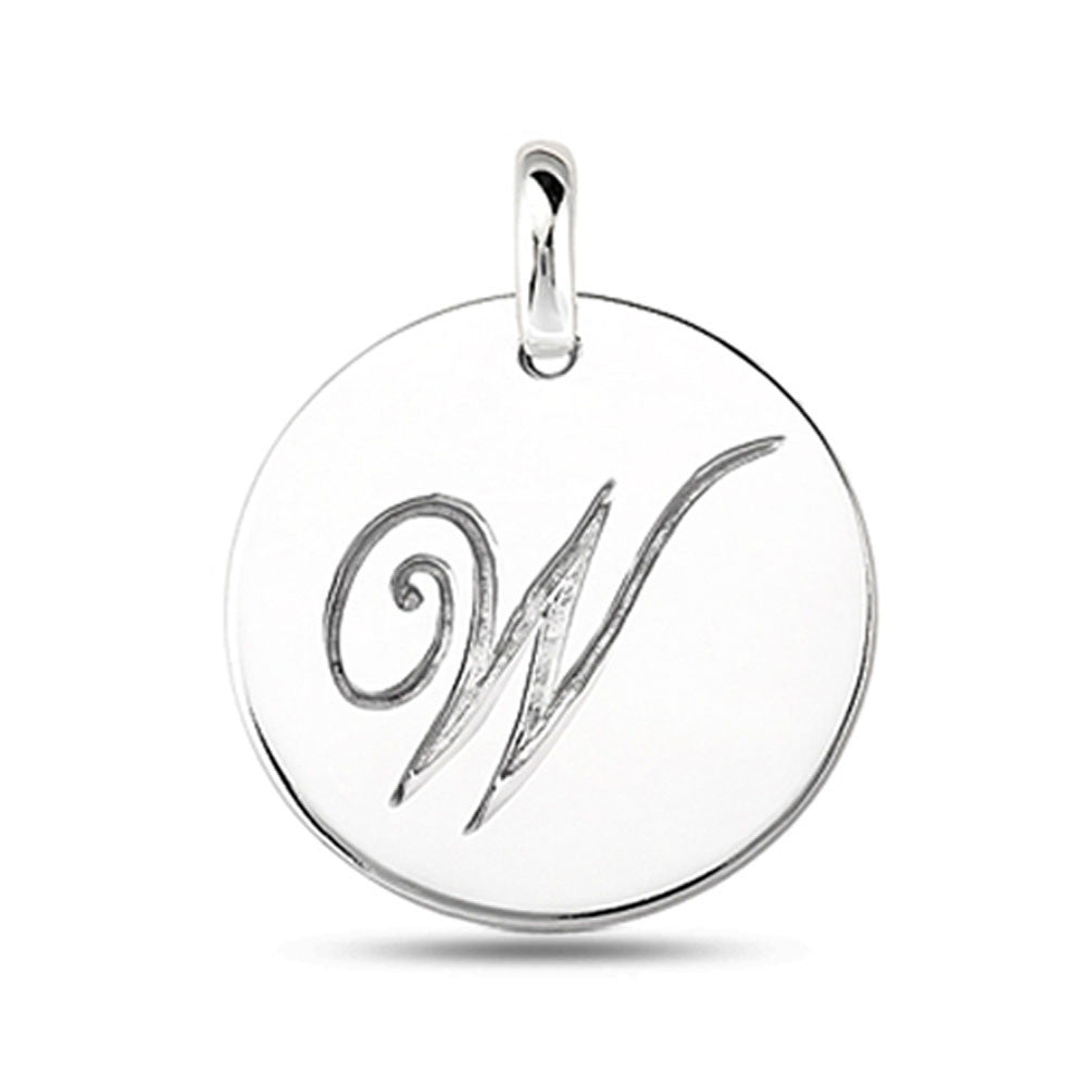 "W" 14K White Gold Script Engraved Initial Disk Pendant fine designer jewelry for men and women