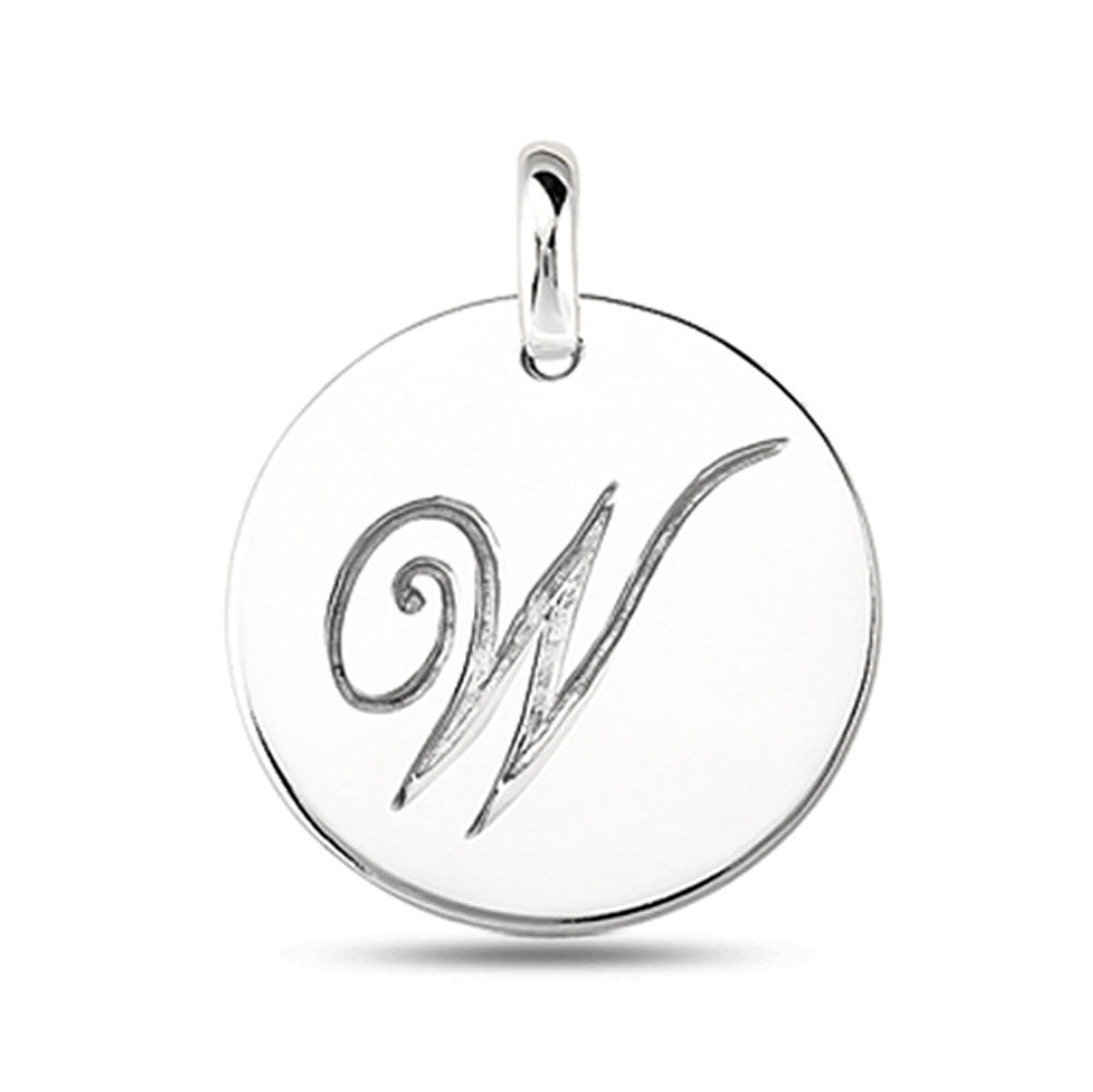 "W" 14K White Gold Script Engraved Initial  Disk Pendant - JewelryAffairs
 - 2