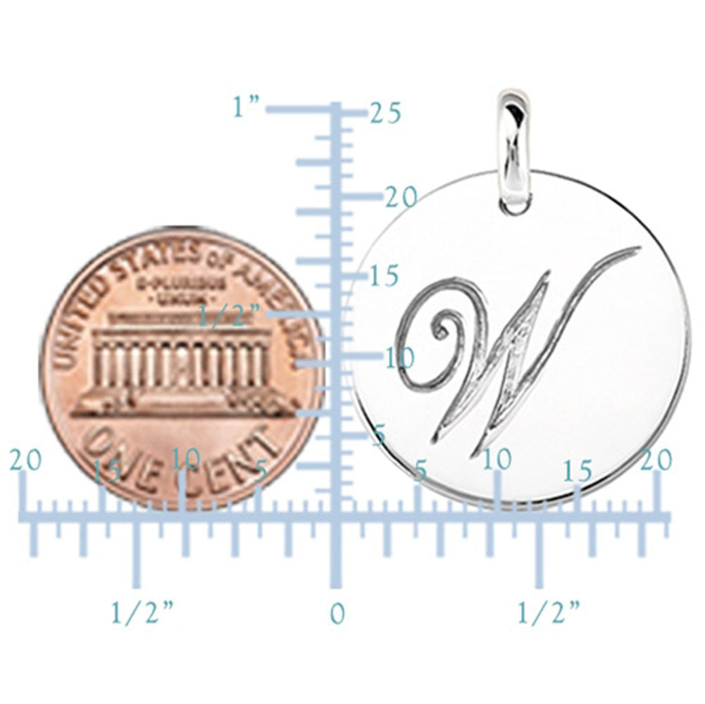 "W" 14K White Gold Script Engraved Initial Disk Pendant fine designer jewelry for men and women