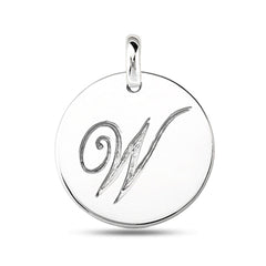 "W" 14K White Gold Script Engraved Initial Disk Pendant fine designer jewelry for men and women