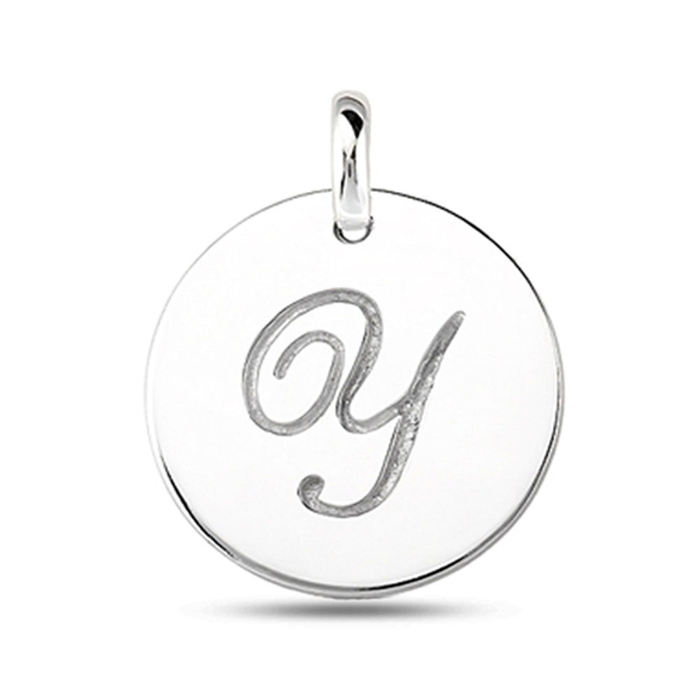 "Y" 14K White Gold Script Engraved Initial  Disk Pendant - JewelryAffairs
 - 2