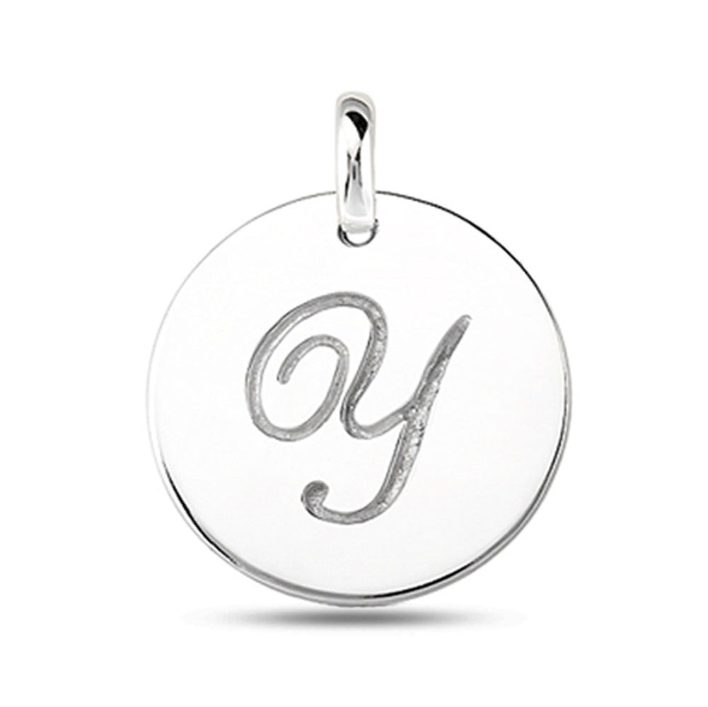 "Y" 14K White Gold Script Engraved Initial Disk Pendant fine designer jewelry for men and women