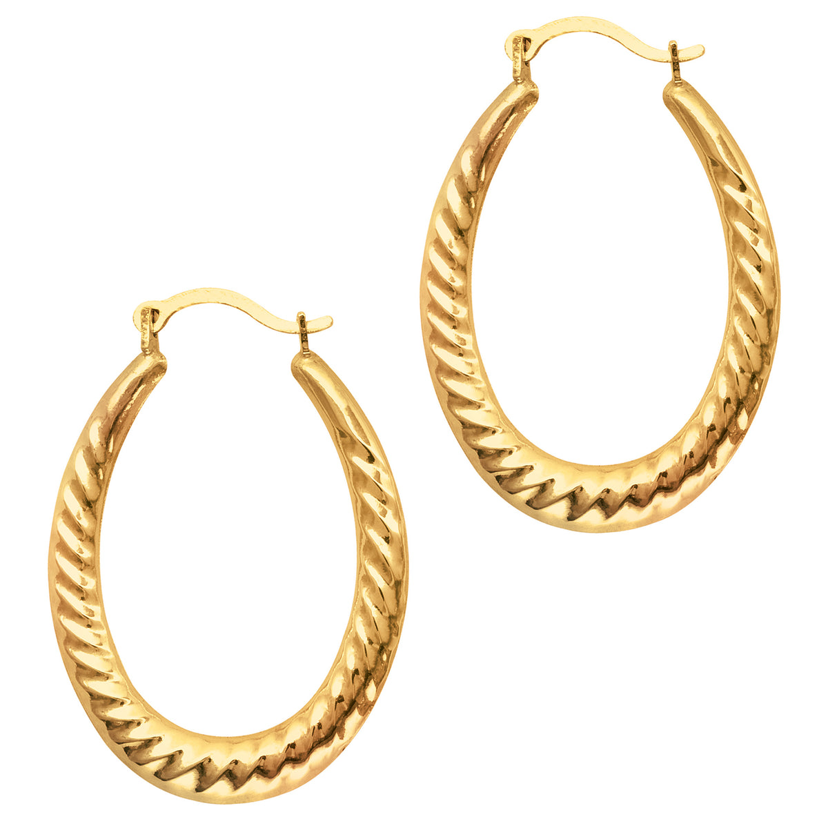 10k Yellow Gold Ridged Oval Shaped Hoop Earrings, Diameter 30mm fine designer jewelry for men and women