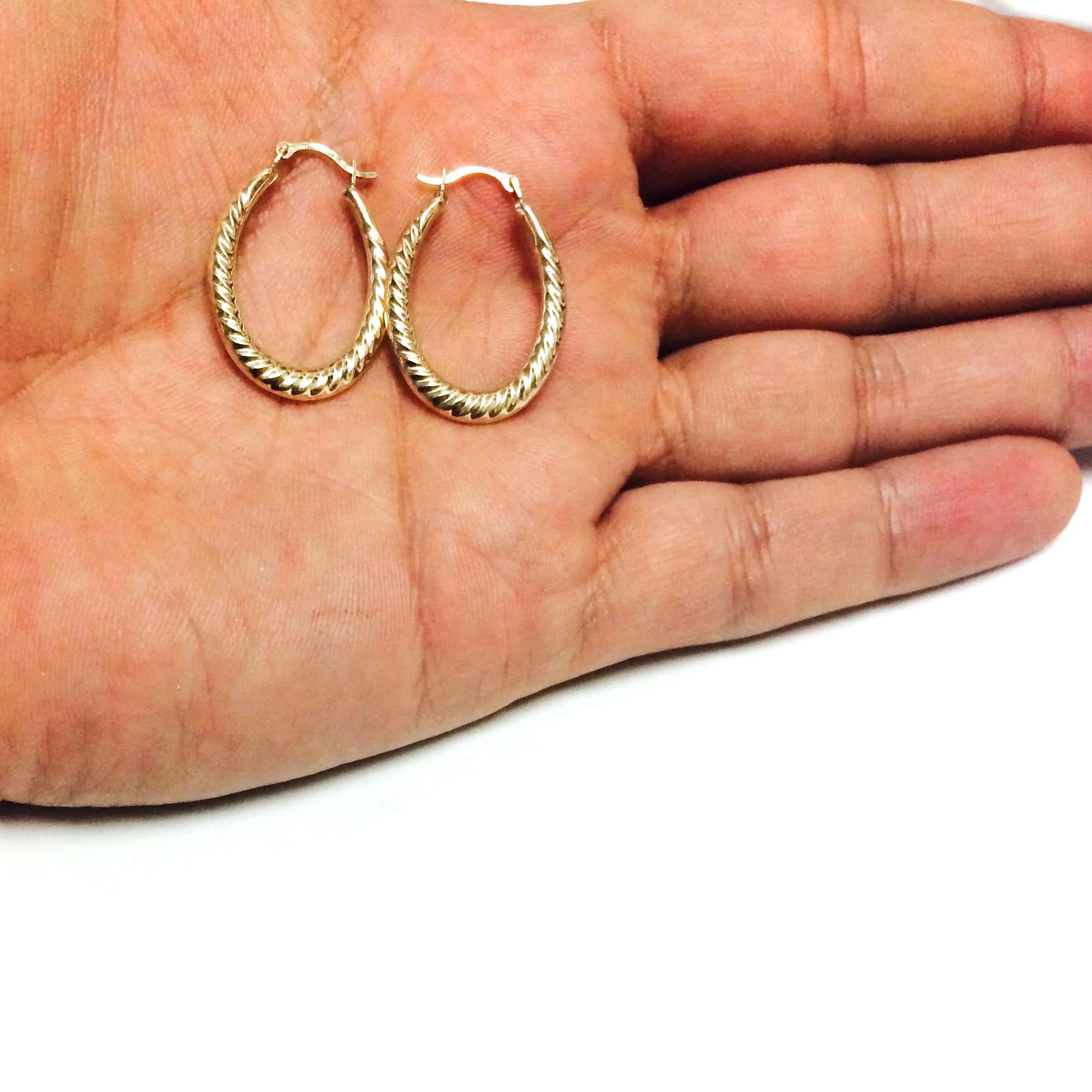 10k Yellow Gold Ridged Oval Shaped Hoop Earrings, Diameter 30mm fine designer jewelry for men and women