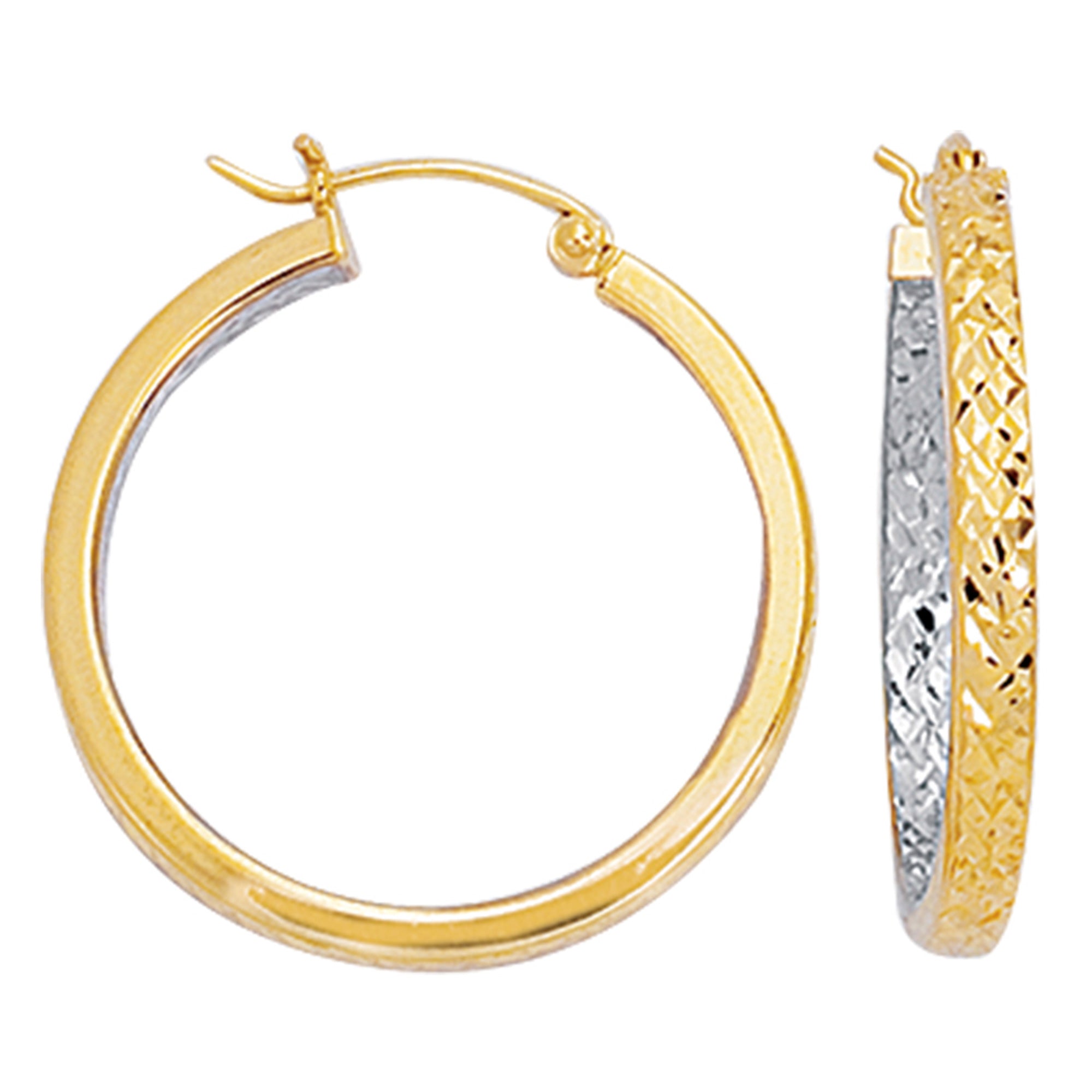 10k 2 Tone gul och vit diamantskuren textur runda bågeörhängen, diameter 25 mm fina designersmycken för män och kvinnor