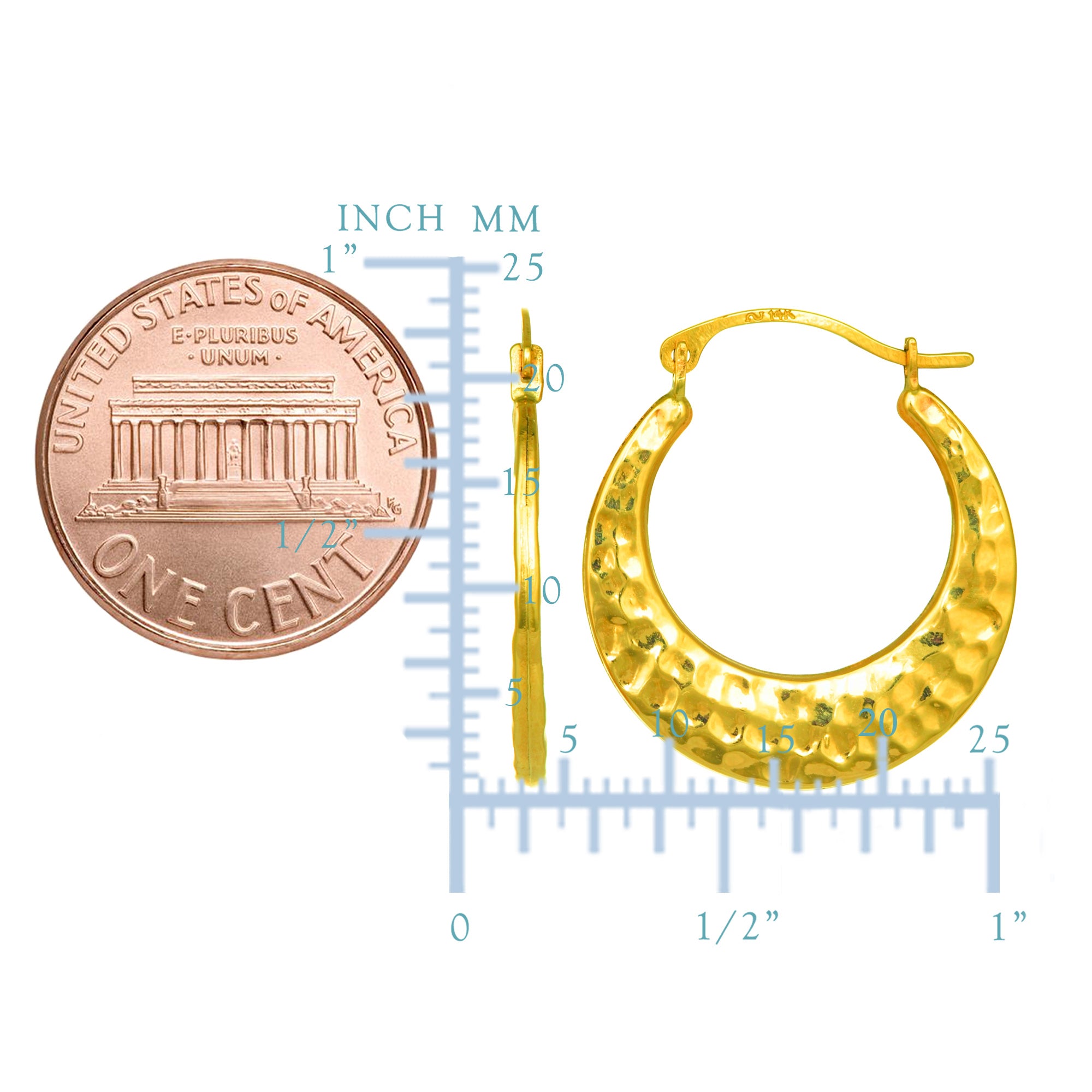 10 k gult guld hamrade runda ringörhängen, diameter 20 mm fina designersmycken för män och kvinnor