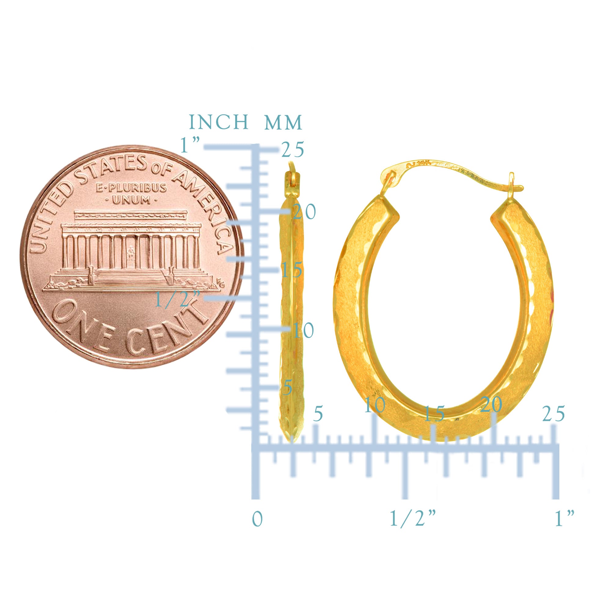 Pendientes de aro ovalados con acabado satinado y corte de diamante en oro amarillo de 10 quilates, joyería fina de diseño de 23 mm de diámetro para hombres y mujeres