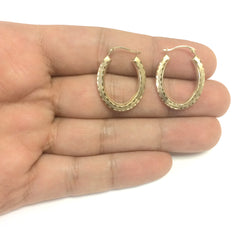 10k Yellow Gold Diamond Cut Satin Finish Oval Hoop Earrings, Diameter 23mm